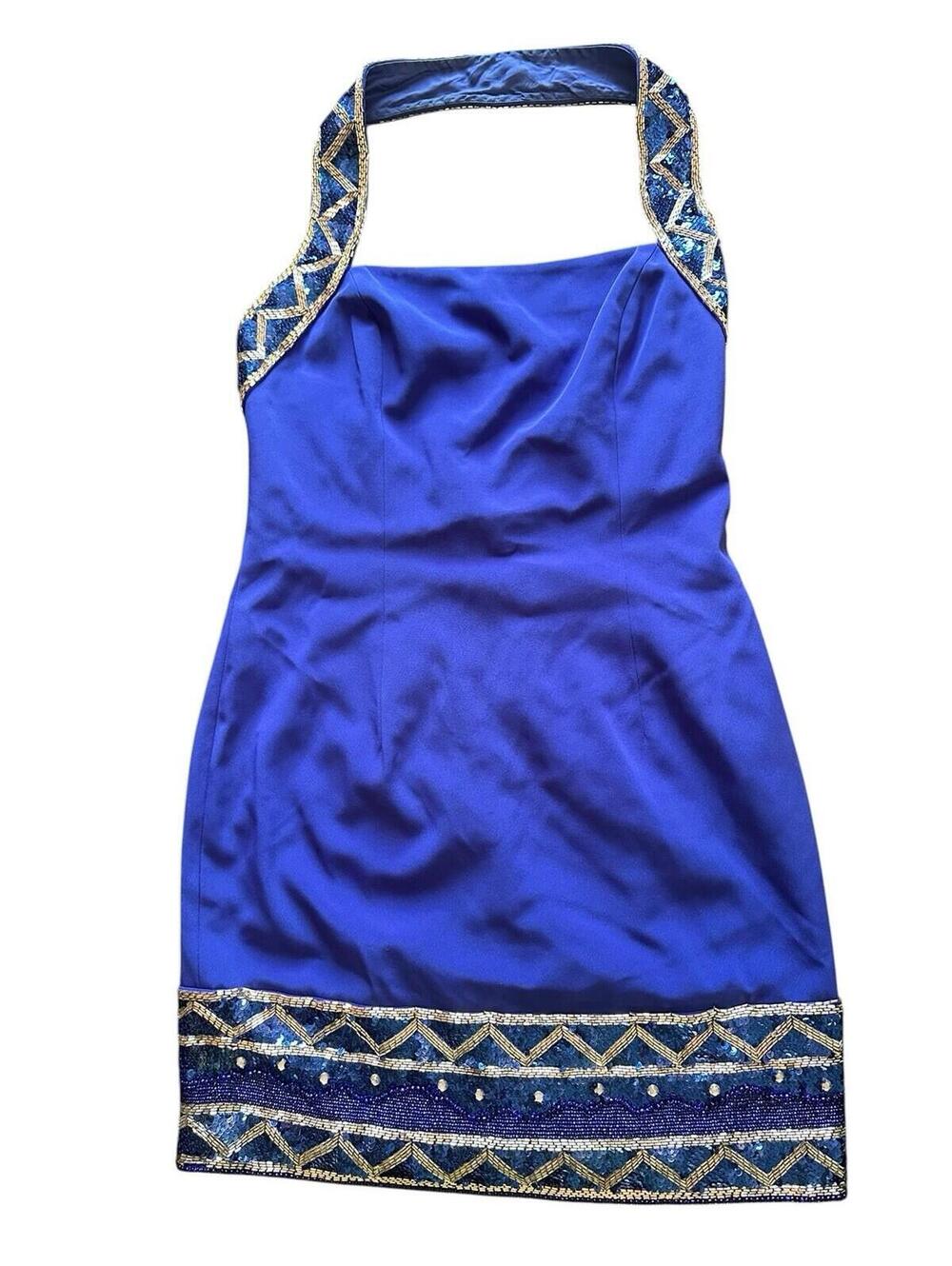 NiteLine by Della Roufogali Blue Beaded Sequin Halter Sheath Dress Size 8 Satin